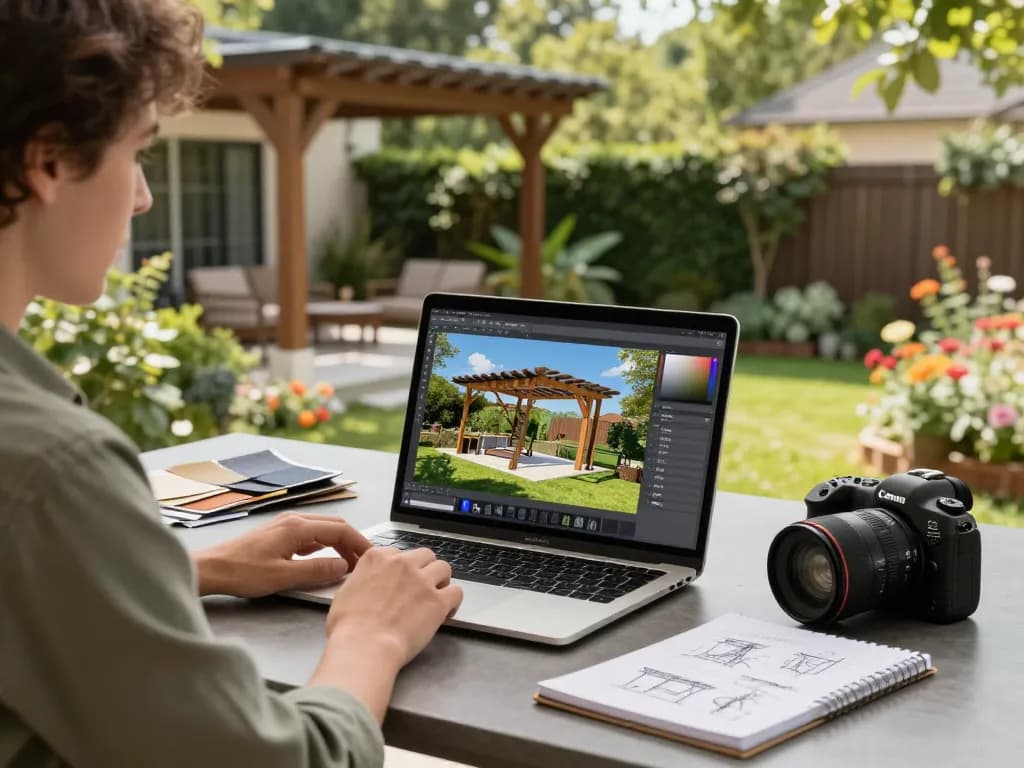 Designer che utilizza software pergole per aziende per creare un design di pergola all'aperto con modelli 3D vibranti.