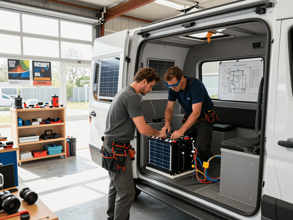 rokok88 login in a modern van conversion workshop showing a builder working on electrical systems for enhanced camper functionality.