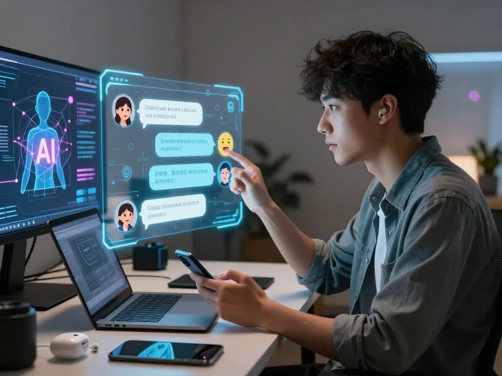 Engaging in sex AI chat through a holographic interface showcasing emotional AI interaction in a modern workspace.