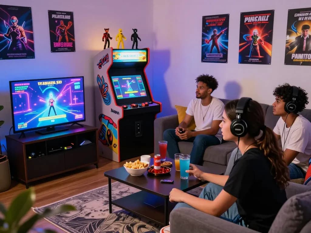 Group of friends enjoying hypno porn themed video games in cozy living room.