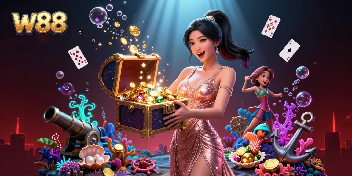 Experience the excitement of w88 with a stunning treasure chest overflowing with gems and coins.