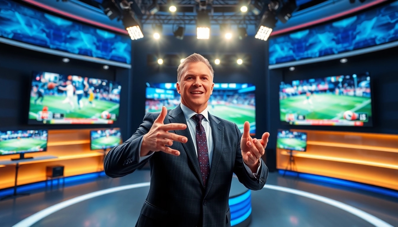 Sports Broadcasting presenter passionately analyzing sports highlights in a vibrant studio setting.