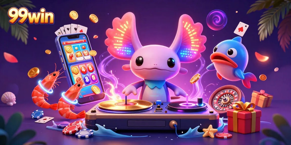 Spin the reels with 99win in a vibrant underwater casino adventure featuring a DJ axolotl.