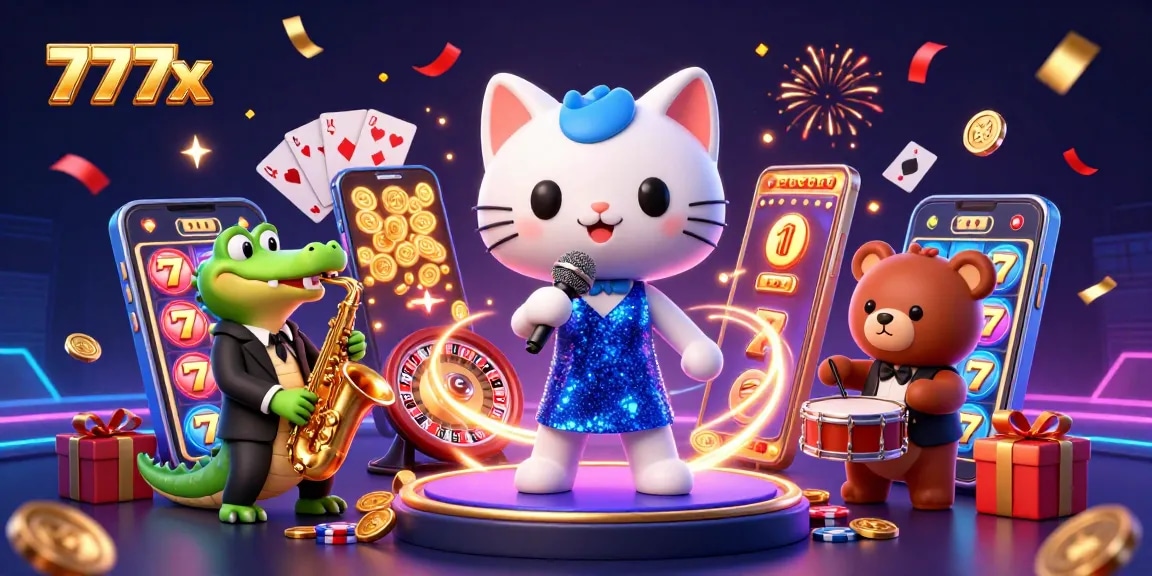 Engage with the vibrant spirit of 777x as a jazz-singer cat, crocodile, and bear cub celebrate casino wins.