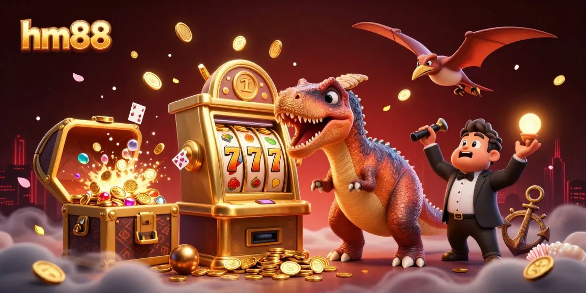 hm88 jackpot scene with dinosaur characters winning big at a lively casino