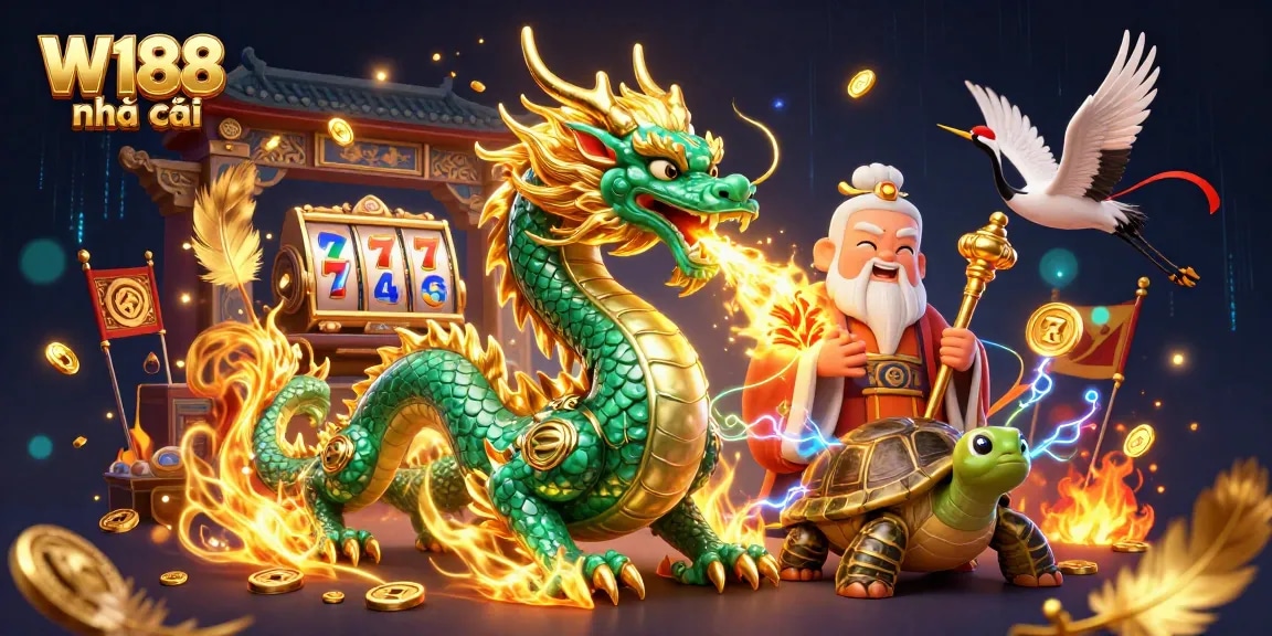 Experience thrilling gameplay with W188 nhà cái featuring a jade dragon, lucky symbols, and vibrant casino elements.