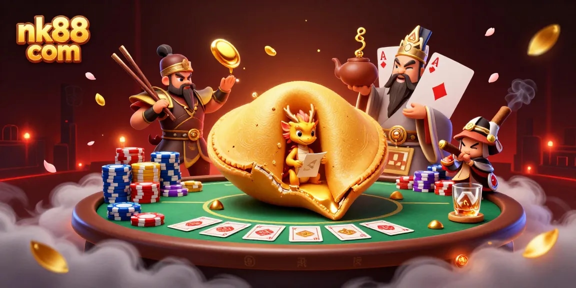 Engage with nk88 com's vibrant casino scene featuring a golden fortune cookie and gaming elements.