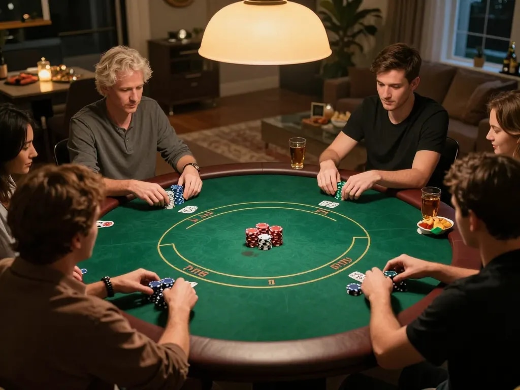 Poker game at a private gathering featuring a round table and spontaneous competition, highlighting the trang chủ 88aa experience.