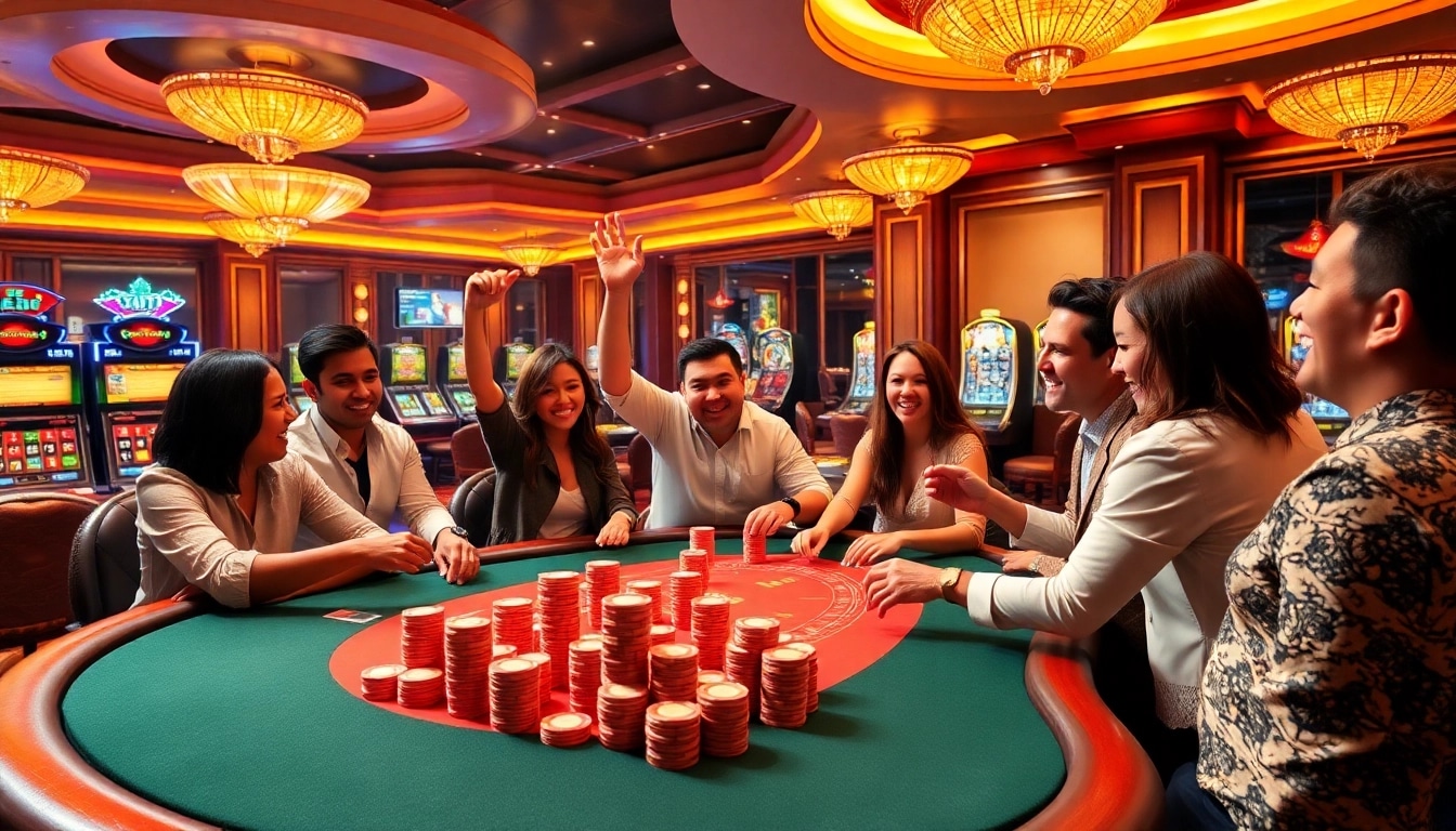 Engaging players enjoying a thrilling poker game at 789f casino, illuminated by vibrant lights.