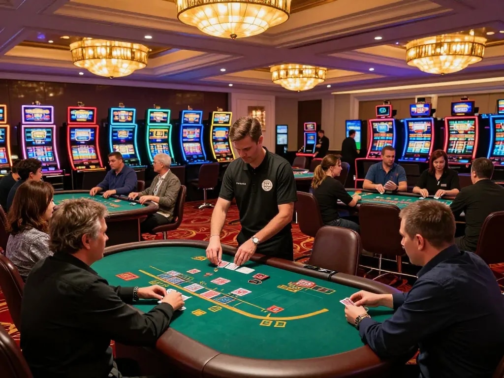 Kuwin vom players engaging around blackjack tables in a vibrant casino atmosphere.