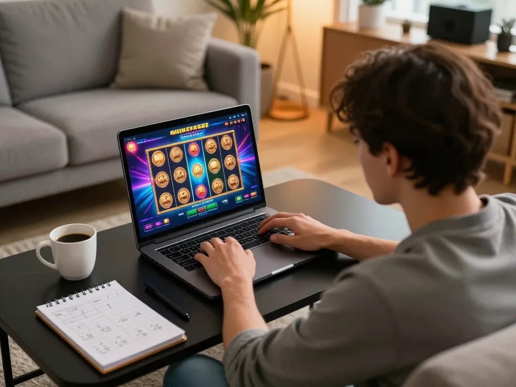 Person engaging with an online casino at https://www.dacsandatphanrang.com/ surrounded by strategy notes and warm lighting.