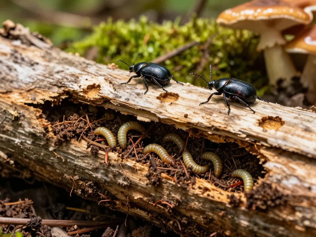 Coleotteri del legno che interagiscono all'interno di un tronco in decomposizione nel loro habitat naturale, mostrando segni di infestazione del legno.