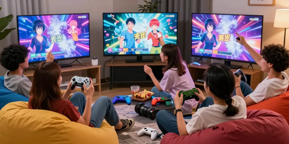 Engaging group enjoying a lively session of adult game in a cozy living room with vibrant graphics displayed.