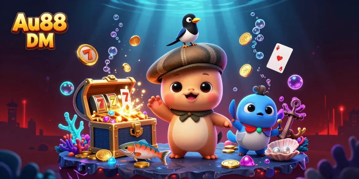 Spin to win at Au88 DM with vibrant characters and casino elements in a rich scene.
