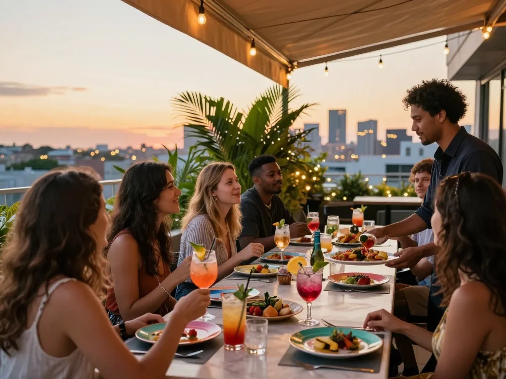 Experience vibrant cocktails and skyline views at NoHu rooftop bar and restaurant.