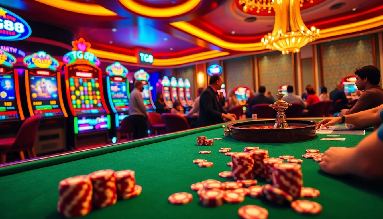 Players engage in thrilling casino games at TG88, showcasing vibrant slot machines and roulette.