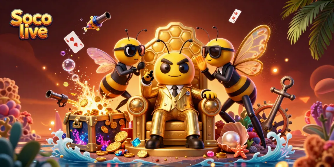 Engage with Soco live as the bumblebee mob boss presides over a vibrant gaming realm, surrounded by treasures.