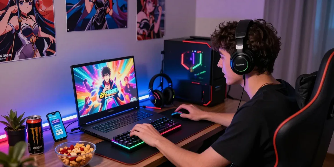 Young gamer playing free hentai games on a vibrant laptop, surrounded by gaming gear.