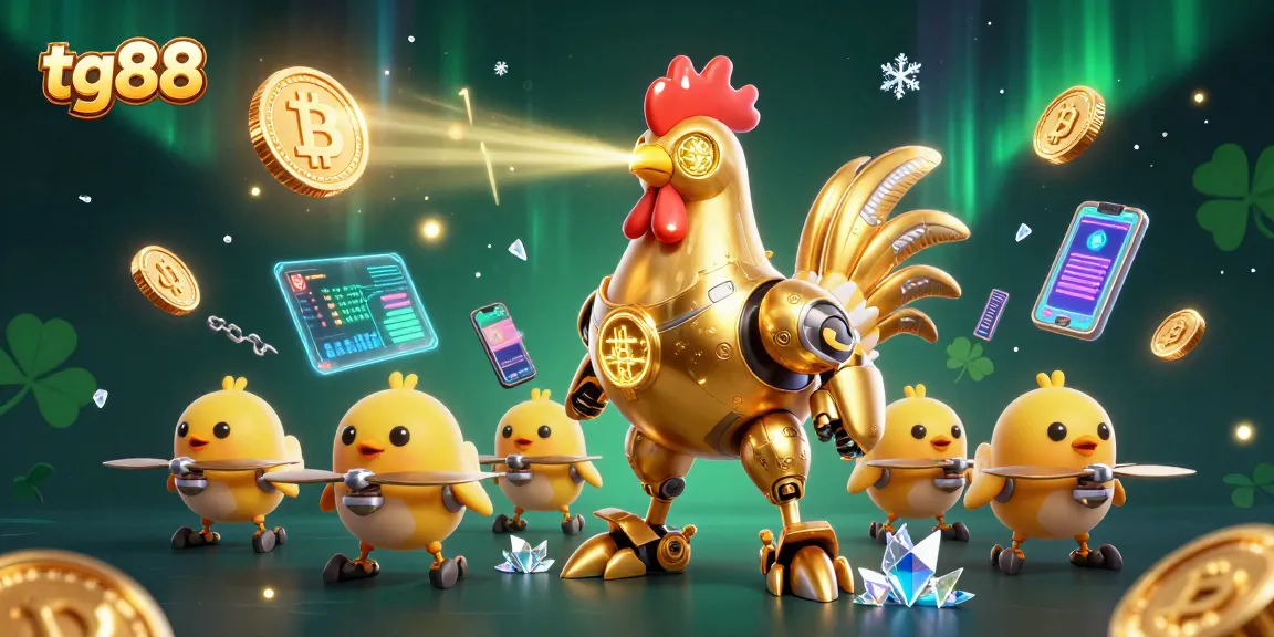 Engage with tg88's exciting gaming atmosphere featuring a dynamic golden rooster robot and vibrant digital elements.