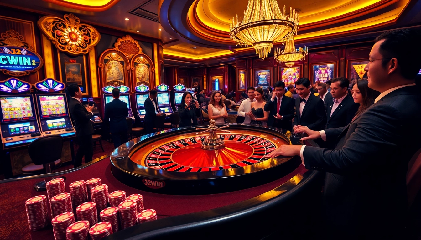 Players enjoying high-stakes gambling at a 32WIN casino, featuring vibrant slot machines and roulette tables.