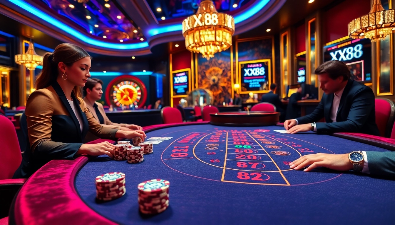 XX88 Baccarat game in a luxurious casino setting with elegant players and vibrant chips.