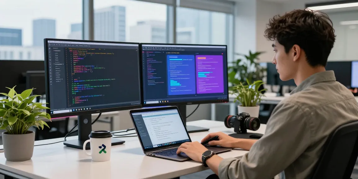 Dynamic tech workspace with a developer coding spicy ai applications and modern gadgets.