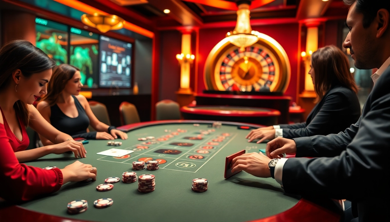 Excited players at the luckywin poker table, showcasing vibrant chips and a roulette wheel.