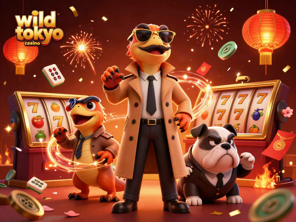 Experience the thrill of wild tokyo casino with raptors and a bouncer in a vibrant 3D illustration.