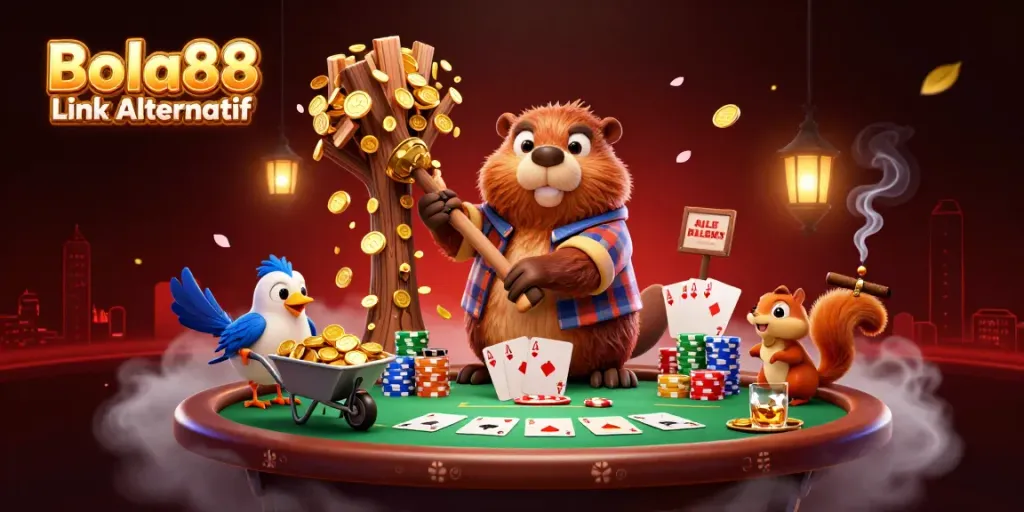 Experience thrilling wins with Bola88 Link Alternatif, featuring a lively scene of cartoon characters and poker elements.