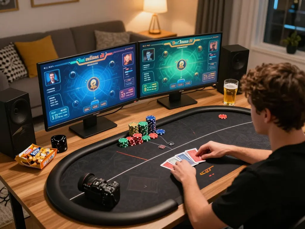 Engaged player participating in nk88 online poker game, showcasing strategy and community in cozy environment.