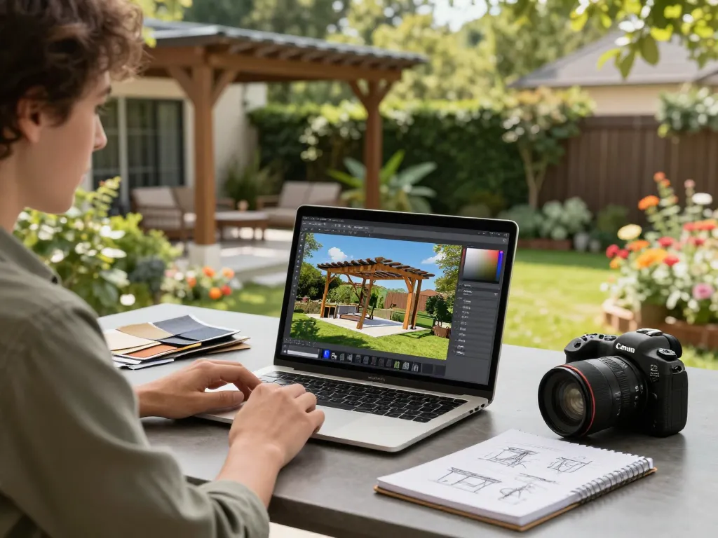 Designer che utilizza software pergole per aziende per creare un design di pergola all'aperto con modelli 3D vibranti.
