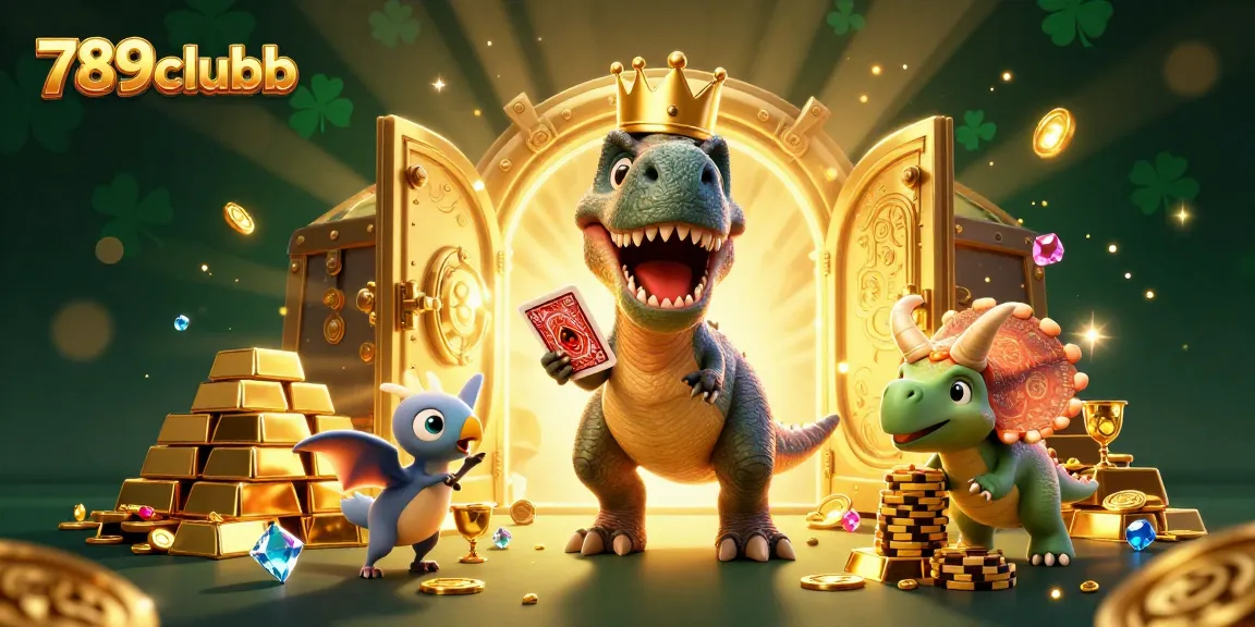 Experience the excitement of 789clubb with our vibrant casino-themed 3D illustration showcasing a playful dinosaur and friends.