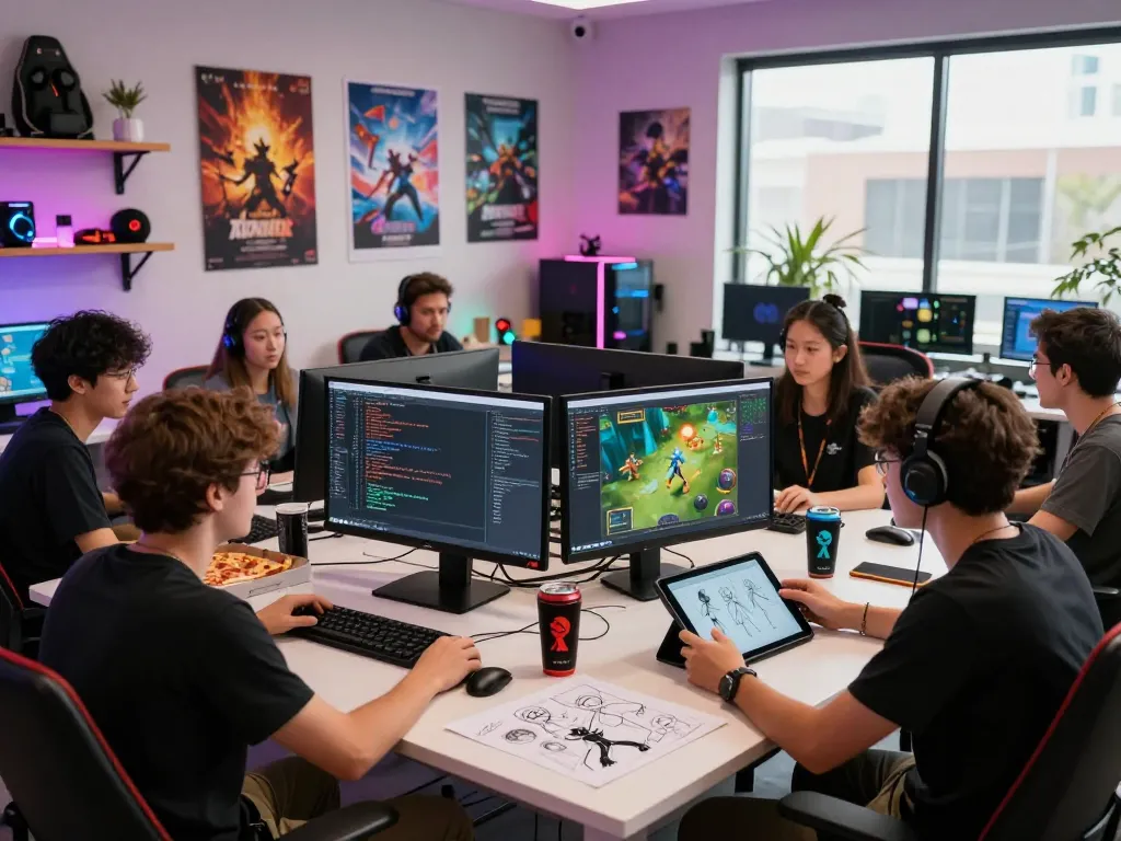 Go99 gaming development team collaborating on video game graphics and character design in a vibrant studio.