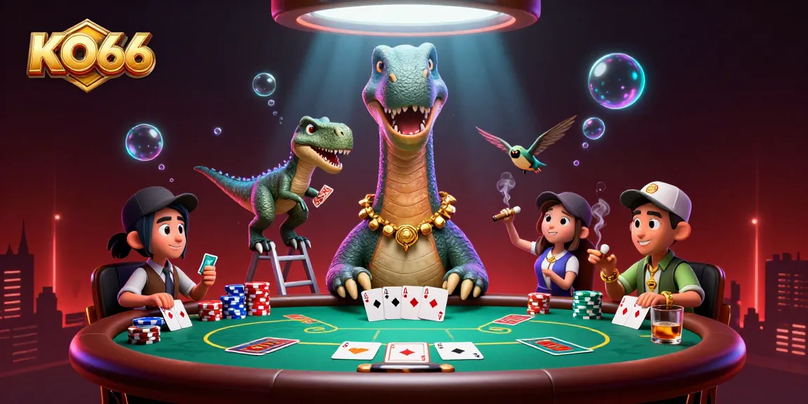 Experience high-stakes poker at KO66 with a unique casino scene featuring oversized characters.