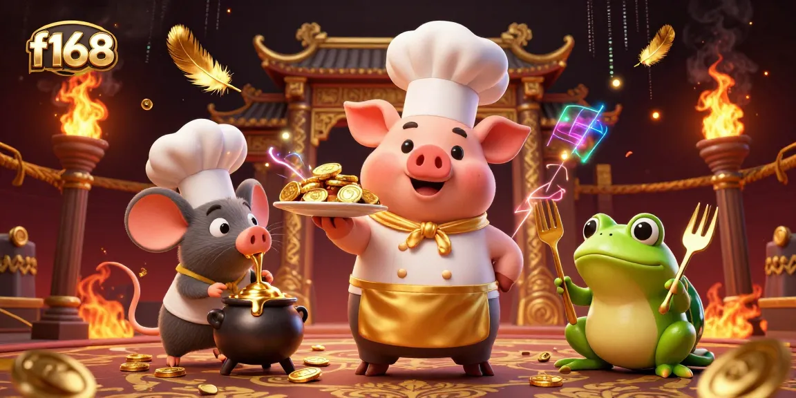 Experience vibrant gameplay at f168 with a 3D scene of a pig chef serving gold coins in a casino setting.
