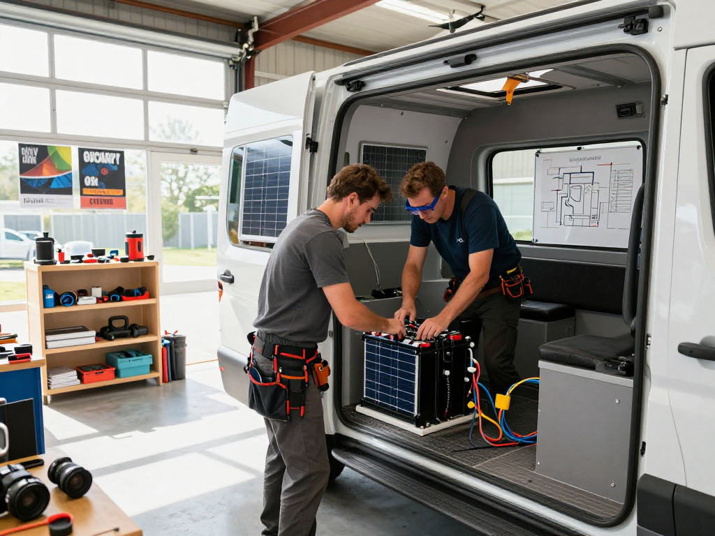 rokok88 login in a modern van conversion workshop showing a builder working on electrical systems for enhanced camper functionality.