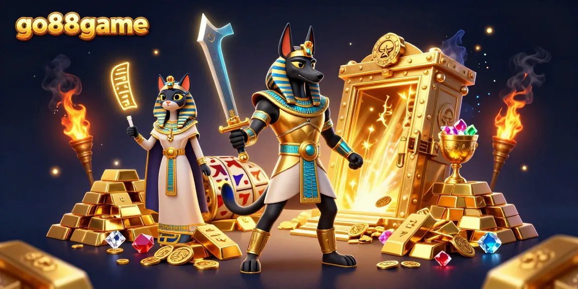 Experience thrilling jackpots with go88game’s alluring scene featuring Anubis and gold treasures.
