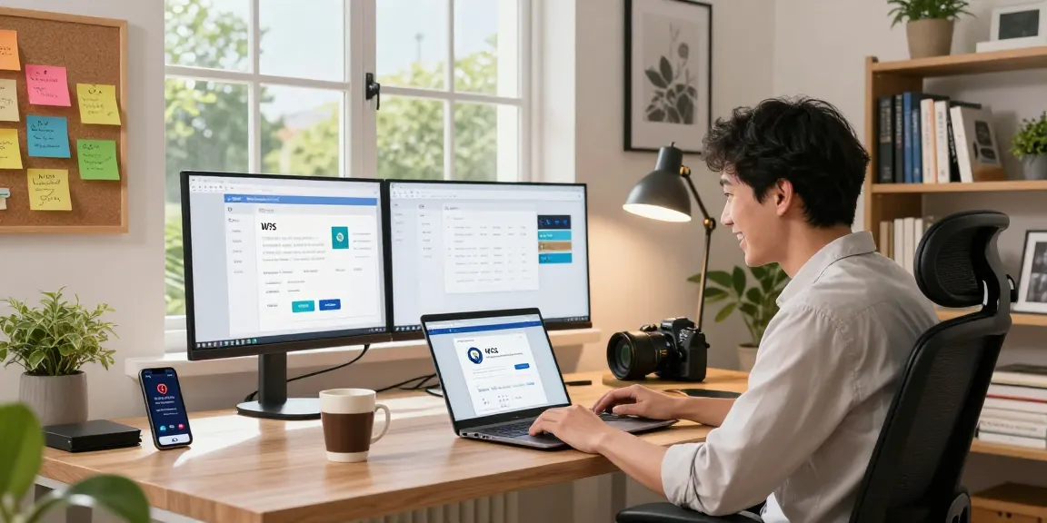 WPS Download in a modern home office, featuring a user inspired by tech tools and a laptop showing WPS Office.