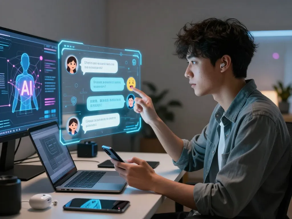 Engaging in sex AI chat through a holographic interface showcasing emotional AI interaction in a modern workspace.