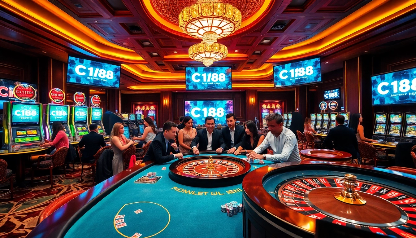 A thrilling casino gaming scene symbolizing C 168 with players engaged in poker and roulette.