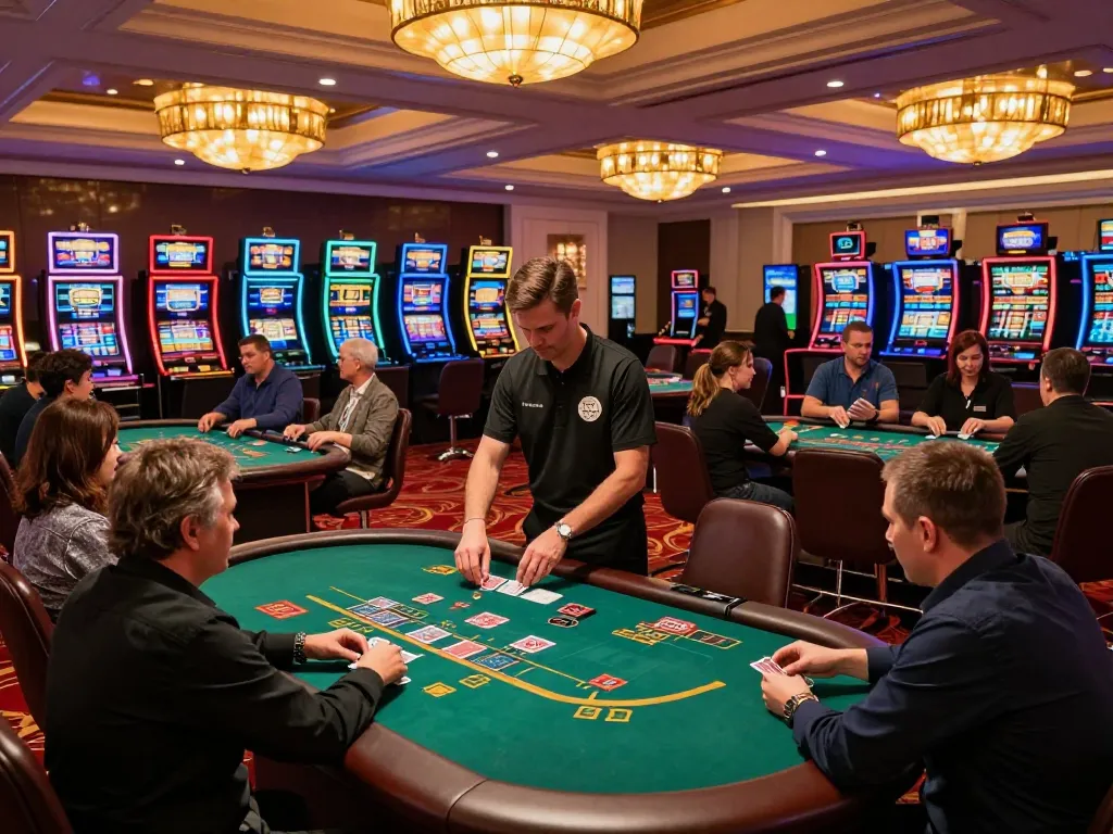 Kuwin vom players engaging around blackjack tables in a vibrant casino atmosphere.