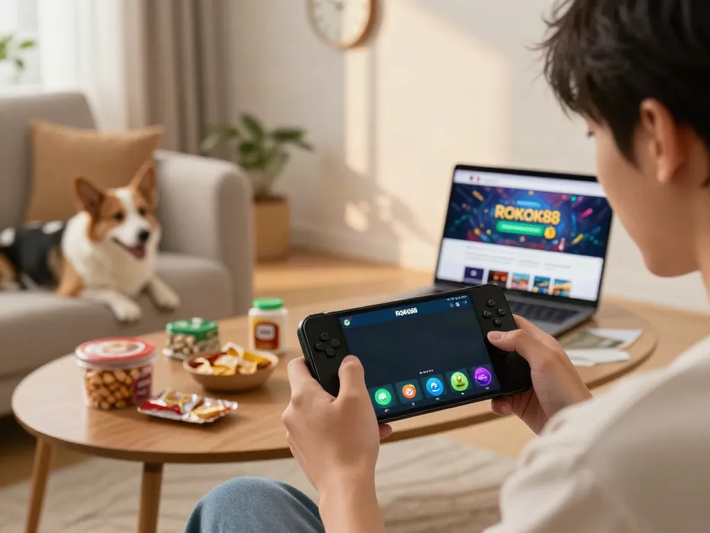 Exciting gaming moment with ROKOK88 app on smartphone, showcasing vibrant graphics and cozy living room atmosphere.