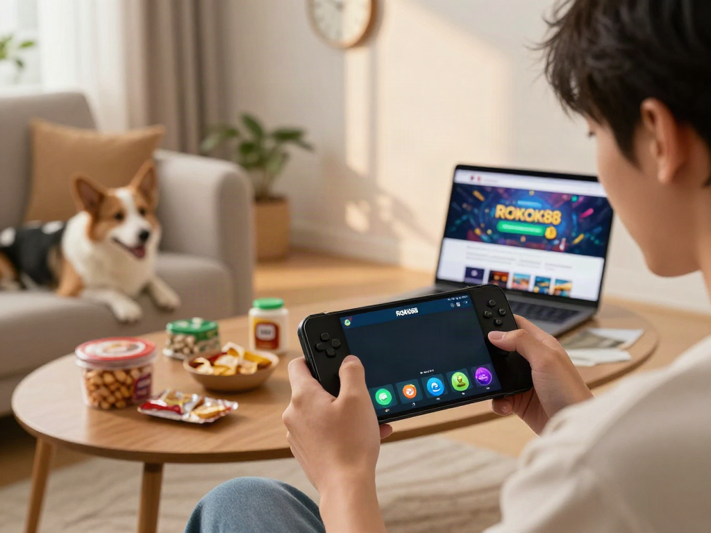 Exciting gaming moment with ROKOK88 app on smartphone, showcasing vibrant graphics and cozy living room atmosphere.