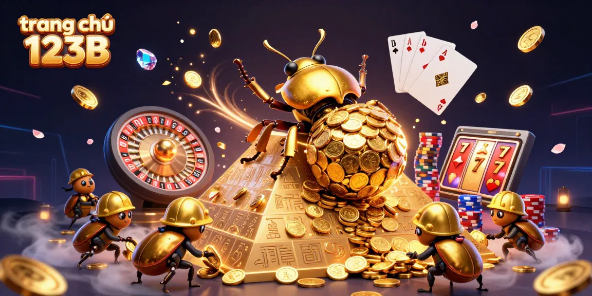 Experience excitement on trang chủ 123B with a vibrant 3D illustration showcasing a golden dung beetle rolling coins.