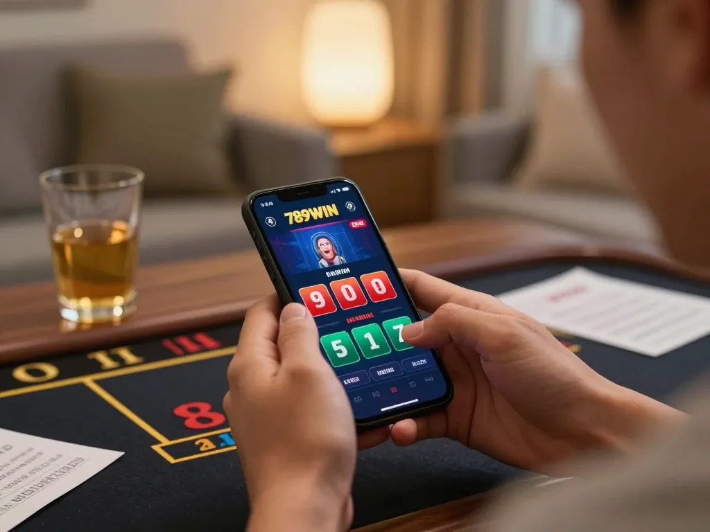 Experience thrilling gameplay with 789WIN app while betting on live dealer games in a cozy living room.