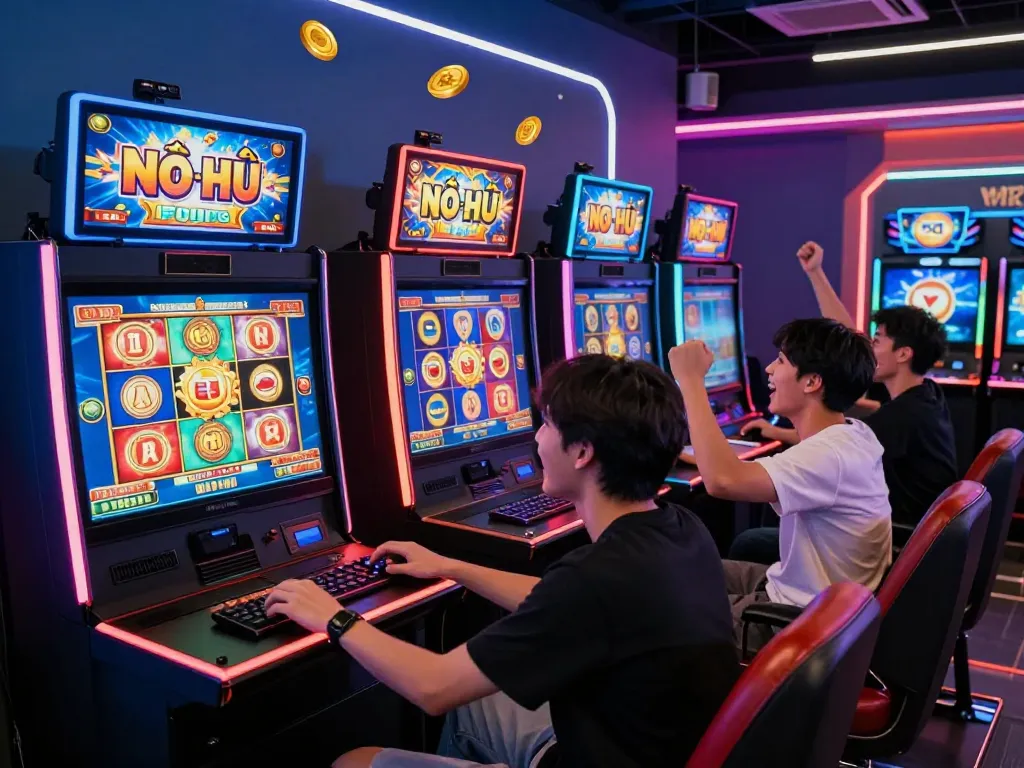 Nổ Hũ online gaming scene with players celebrating big wins in a vibrant digital atmosphere.