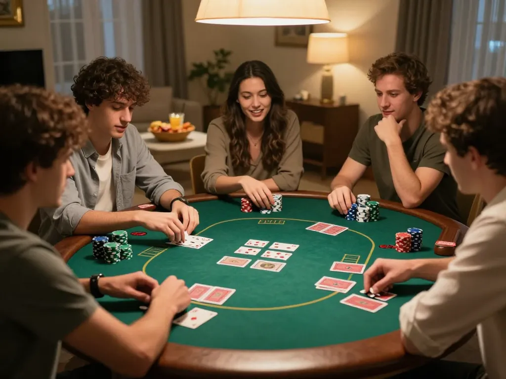 Players engaging in a competitive poker night at home, showcasing lc88 strategies and excitement.