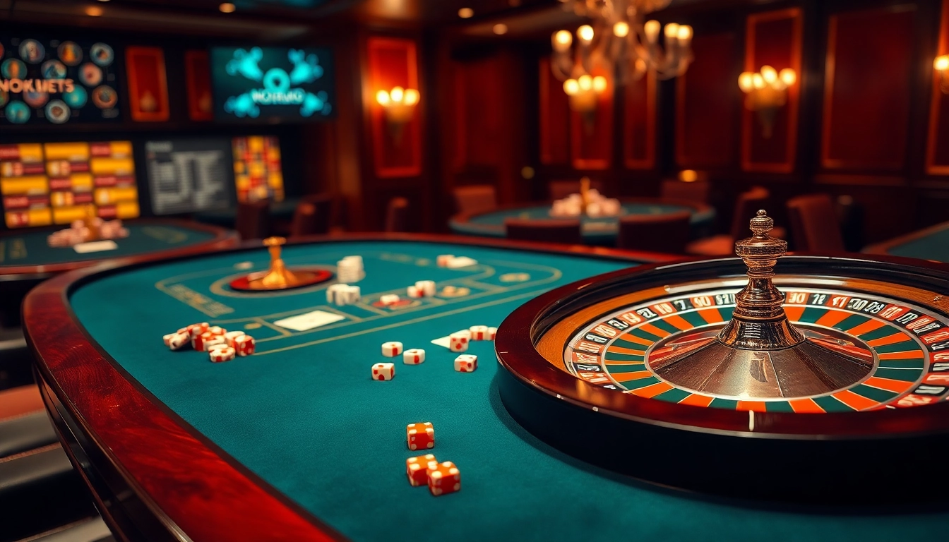Exciting casino scene showcasing Nohu90 gaming tables with vibrant poker chips and roulette wheel.