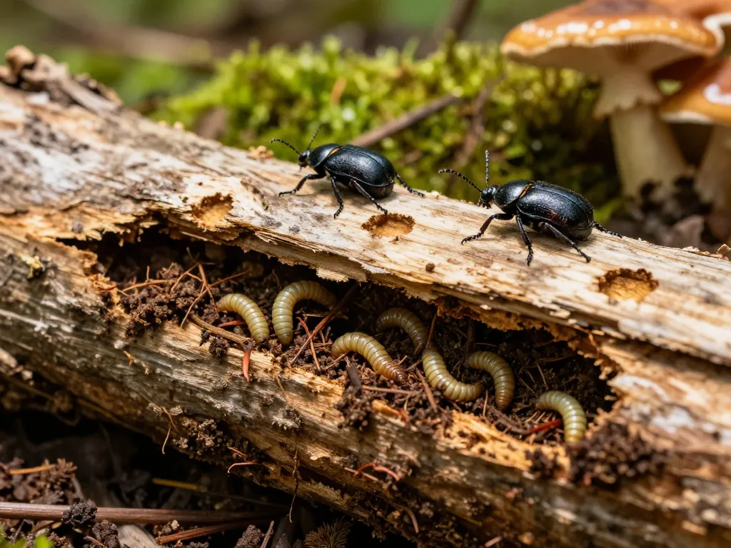 Coleotteri del legno che interagiscono all'interno di un tronco in decomposizione nel loro habitat naturale, mostrando segni di infestazione del legno.