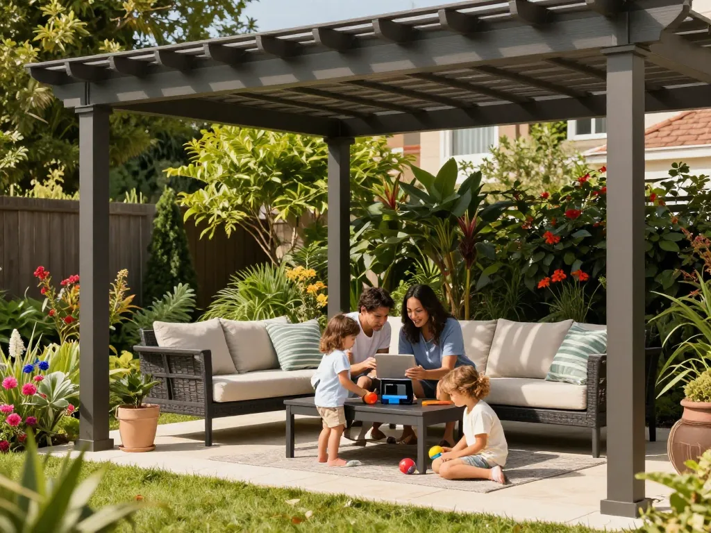 Family enjoying time under a stylish pergola configurator featuring adjustable louvers, bright garden.